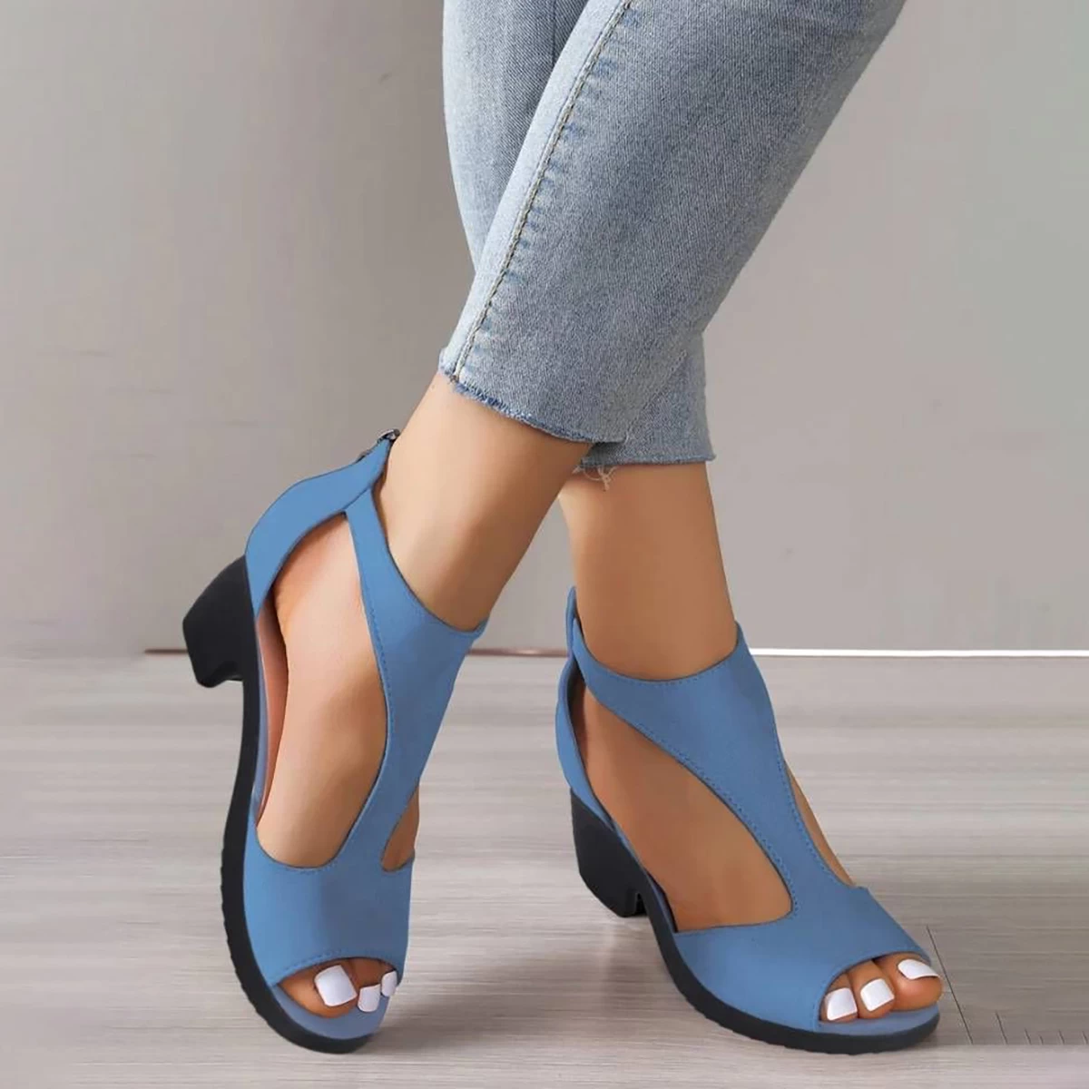 Dusty Blue Peep Toe Mid Heel Sandals - Image 2