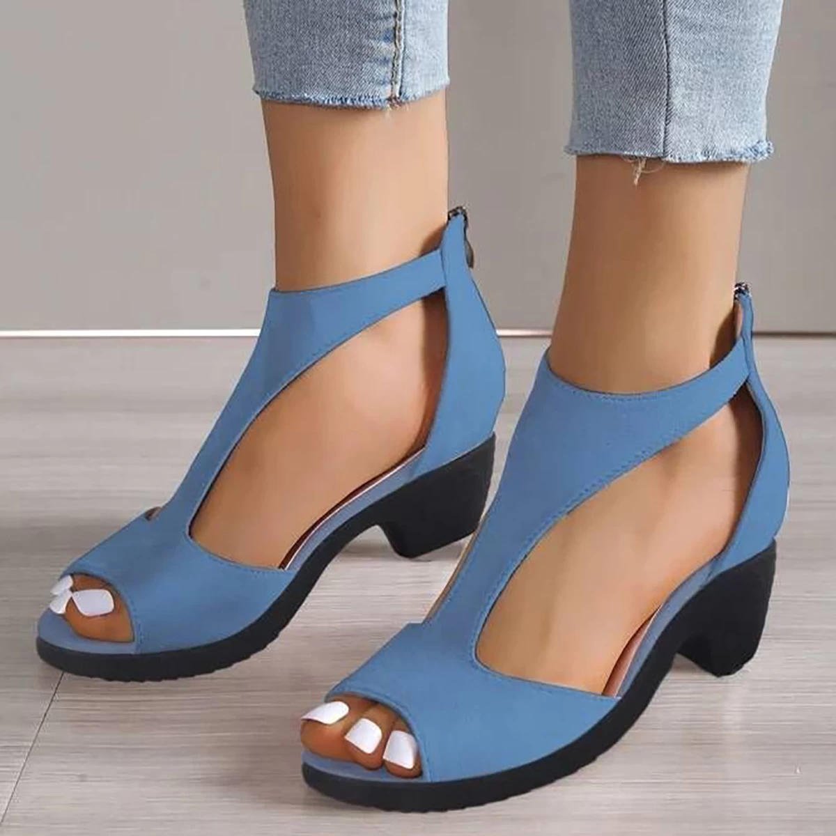 Dusty Blue Peep Toe Mid Heel Sandals - Image 3