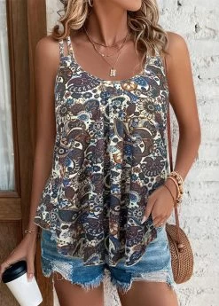 Dark Camel Asymmetry Tribal Print Camisole Top