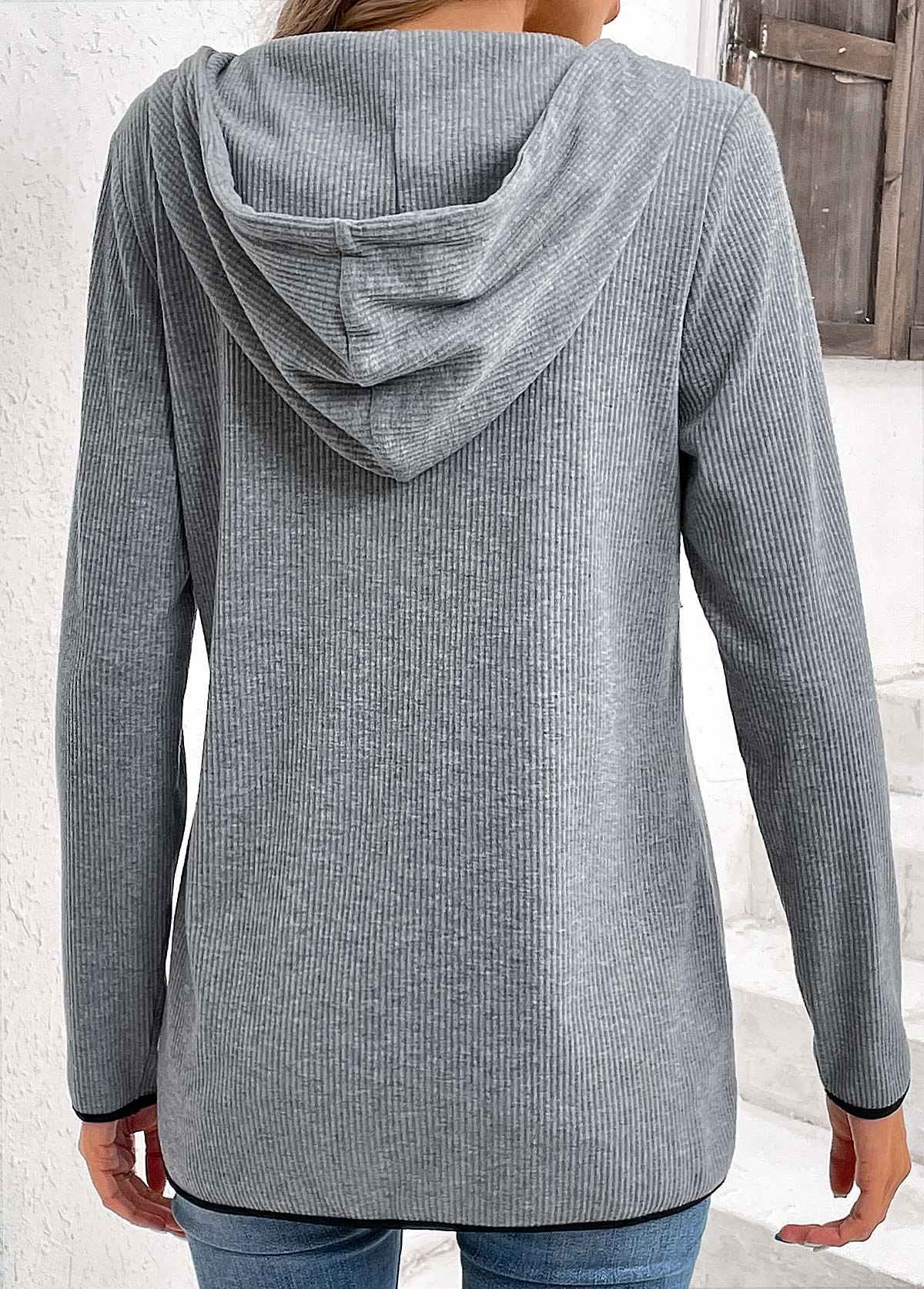 Grey Pocket Zipper Long Sleeve Hoodie - Image 2