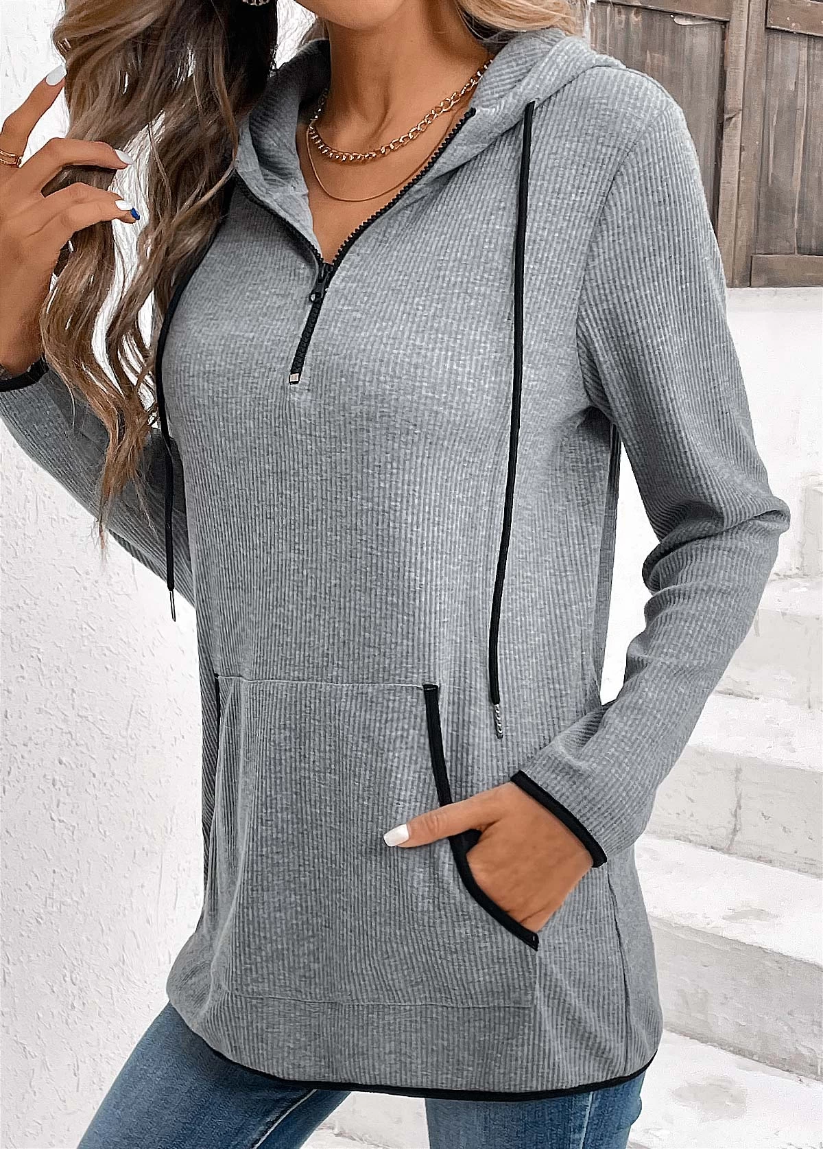 Grey Pocket Zipper Long Sleeve Hoodie - Image 5