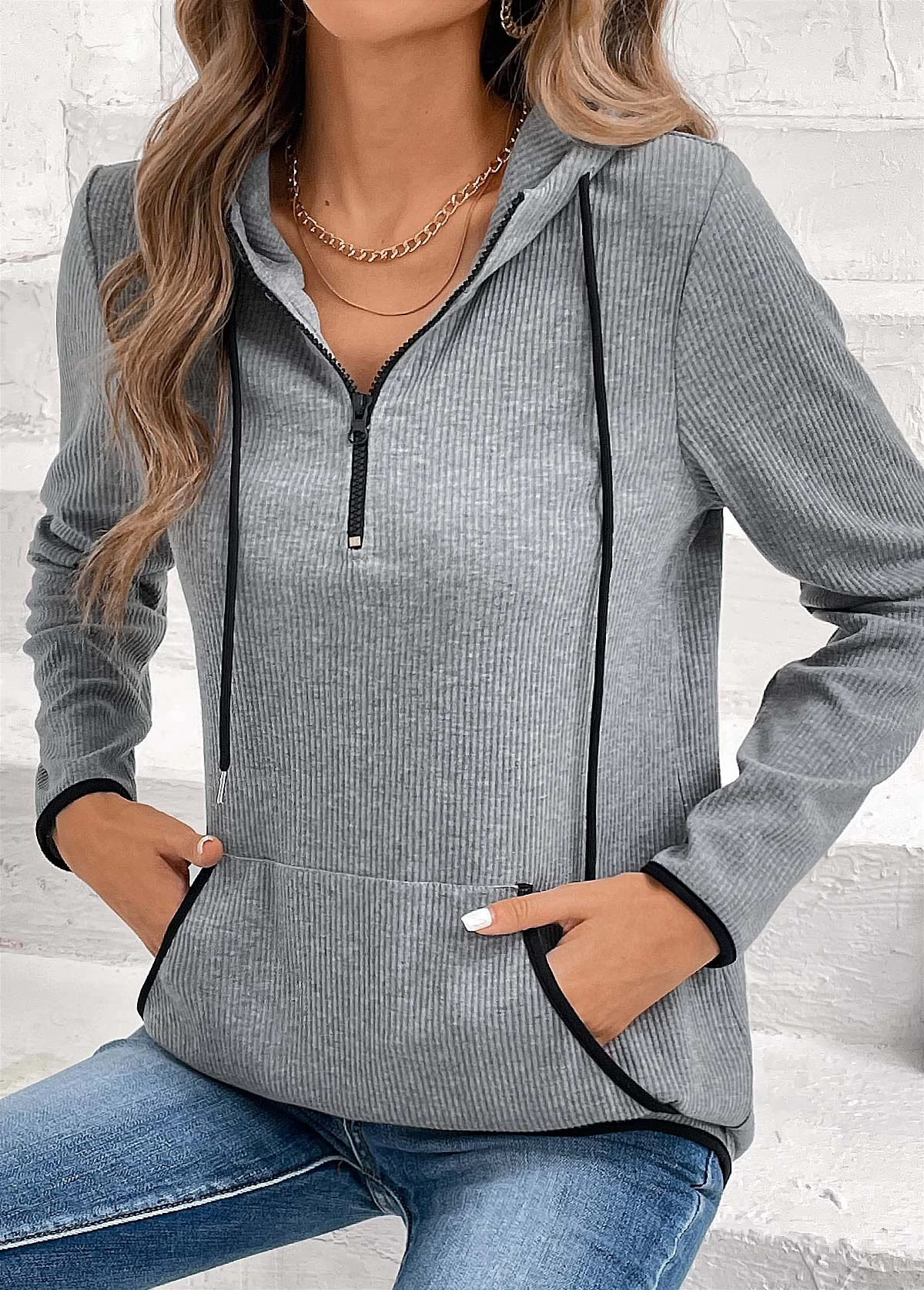 Grey Pocket Zipper Long Sleeve Hoodie - Image 6