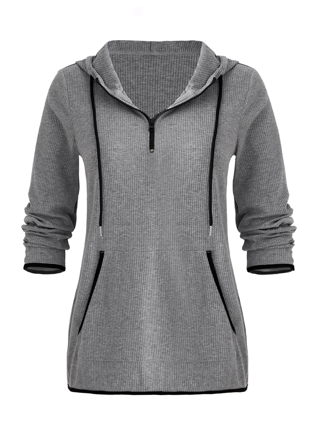 Grey Pocket Zipper Long Sleeve Hoodie - Image 7