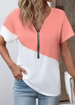 Dusty Pink Zipper Short Sleeve T Shirt
