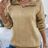 Light Camel Zipper Long Sleeve Turn Down Collar Sweatshirt