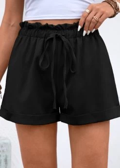 Black Drawstring Regular Elastic Waist High Waisted Shorts