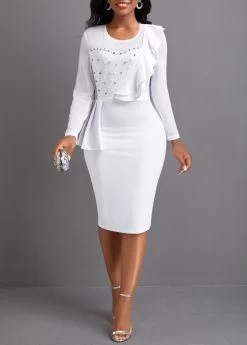 White Pearl Long Sleeve Round Neck Bodycon Dress