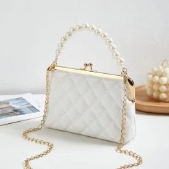 White Clasp Chains Pearl Detail Crossbody Bag
