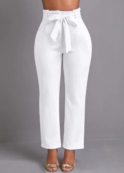 White Pocket Belted Zipper Fly High Waisted Pants