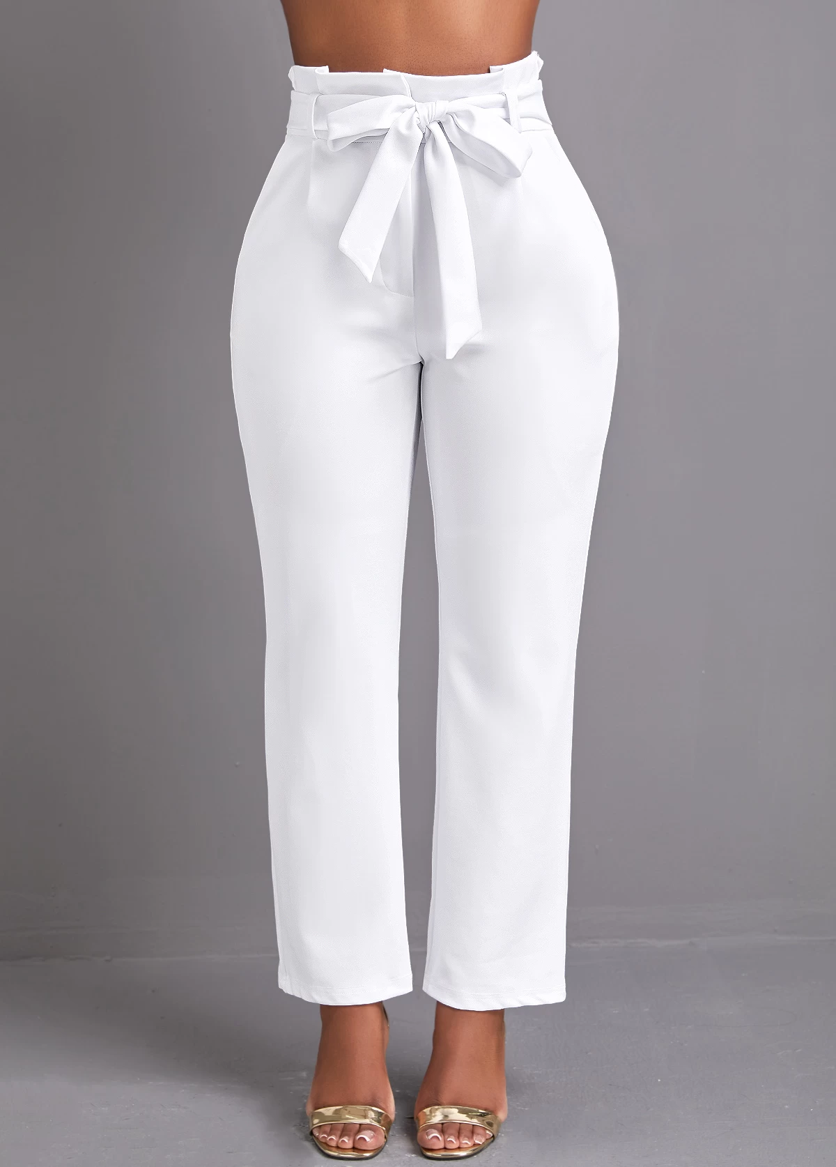 White Pocket Belted Zipper Fly High Waisted Pants