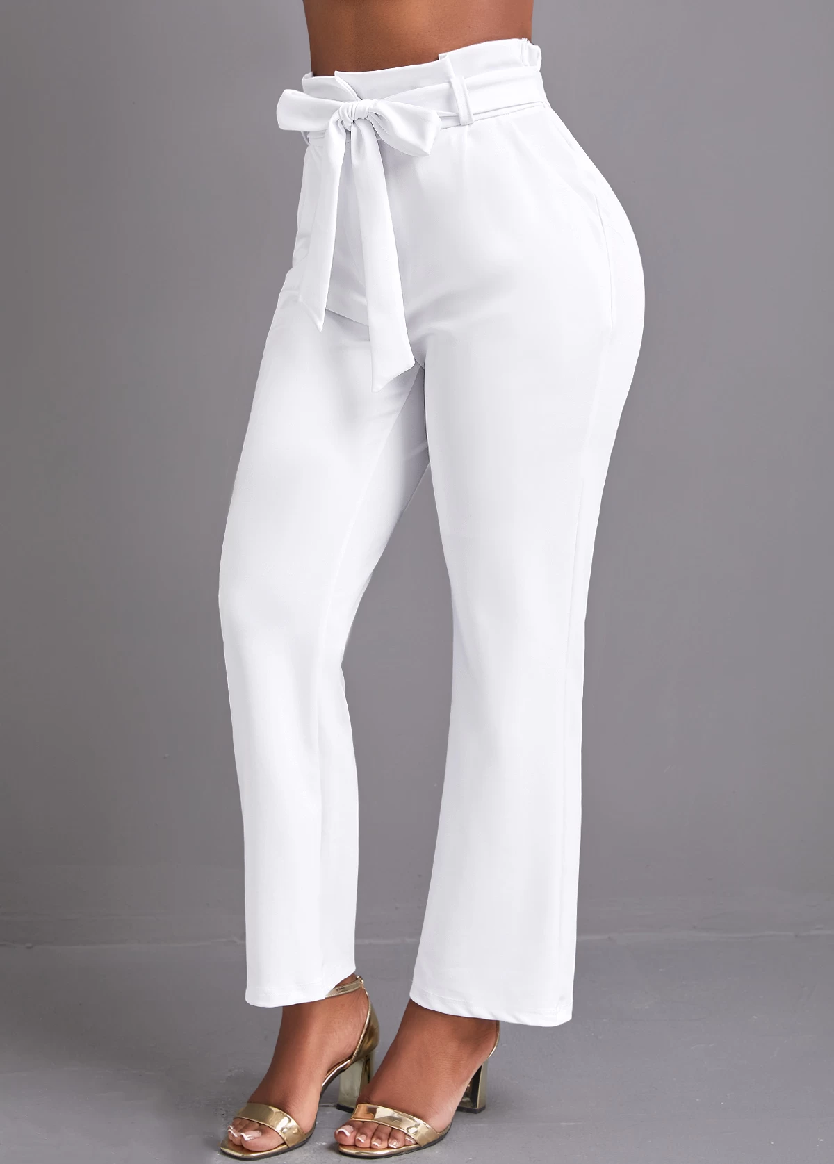 White Pocket Belted Zipper Fly High Waisted Pants - Image 3