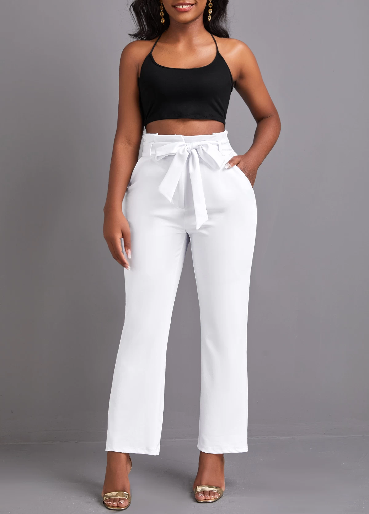 White Pocket Belted Zipper Fly High Waisted Pants - Image 4