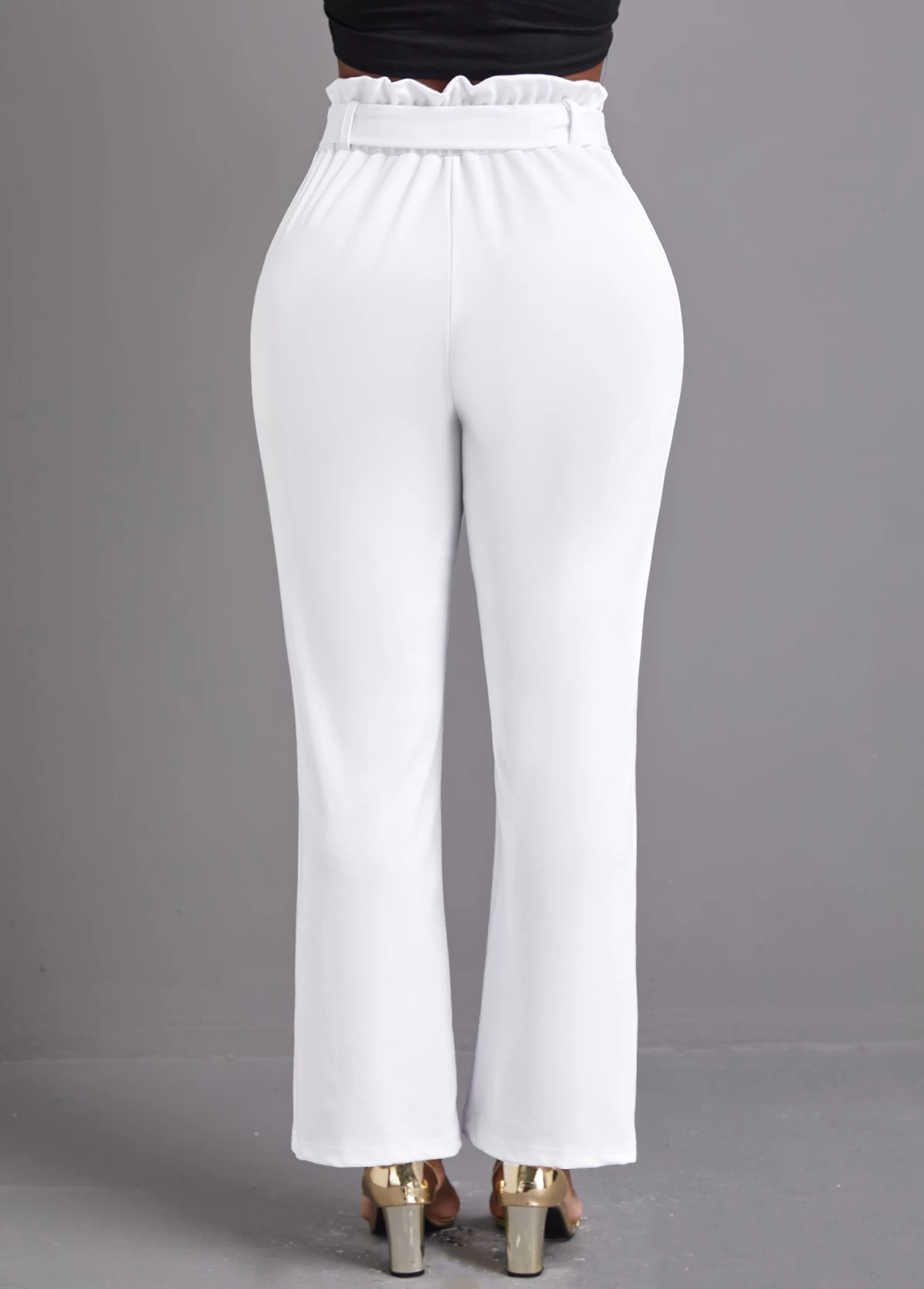 White Pocket Belted Zipper Fly High Waisted Pants - Image 2
