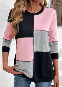 Light Pink Patchwork Long Sleeve Round Neck Sweatshirt