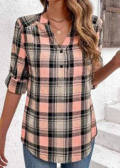 Pink Ruched Plaid Long Sleeve Split Neck Blouse