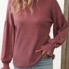 Coral Smocked Long Sleeve Round Neck T Shirt