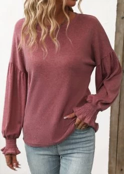 Coral Smocked Long Sleeve Round Neck T Shirt