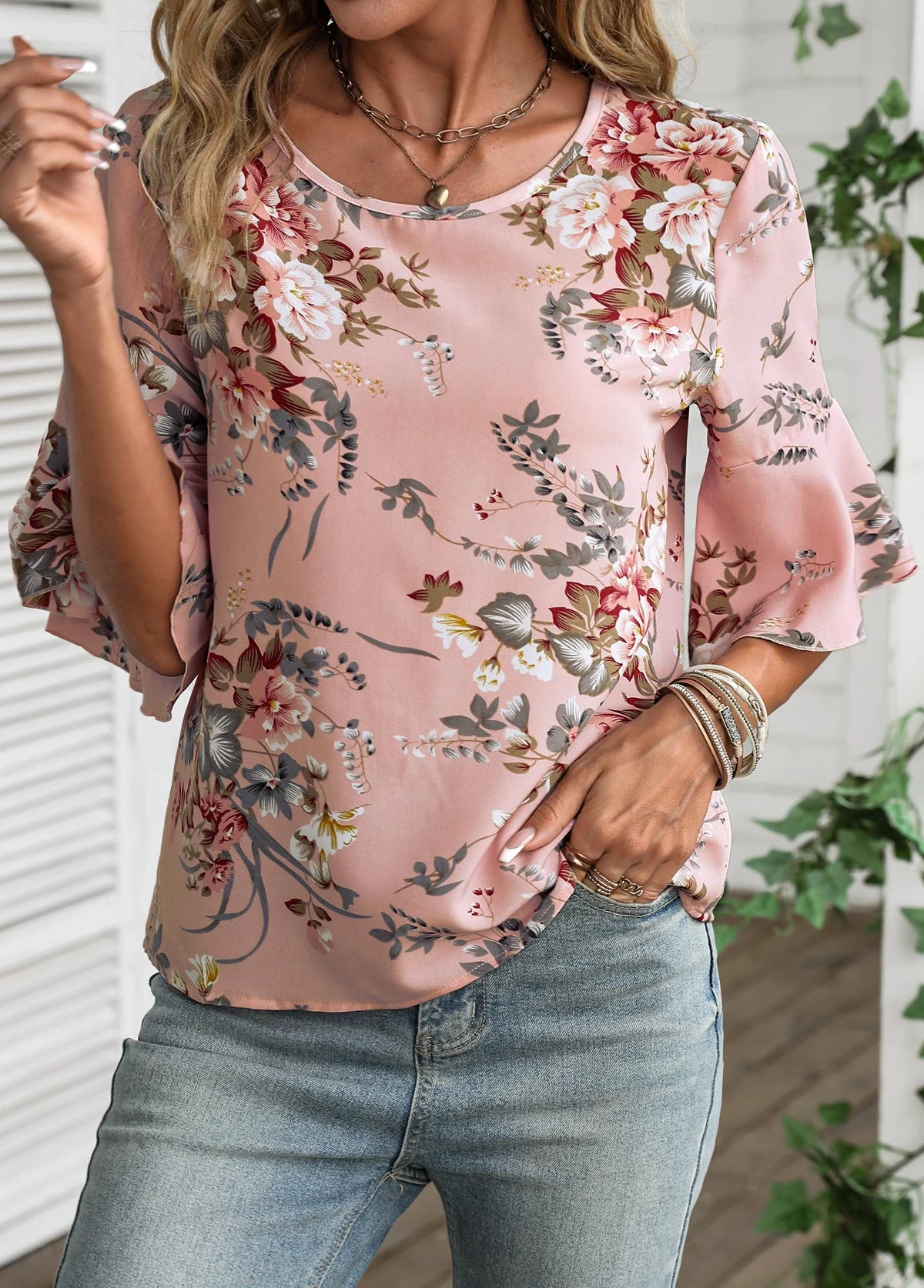 Dusty Pink Button Floral Print Blouse - Image 3