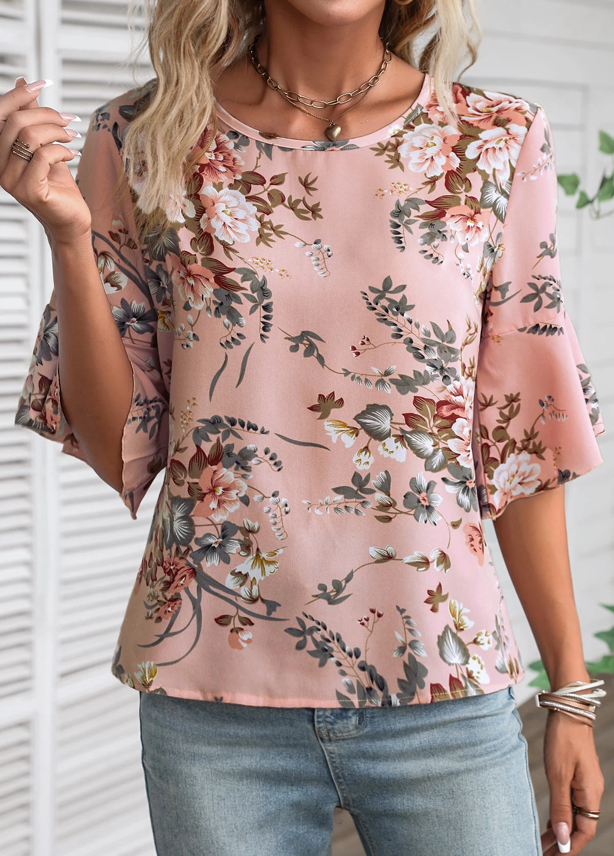 Dusty Pink Button Floral Print Blouse