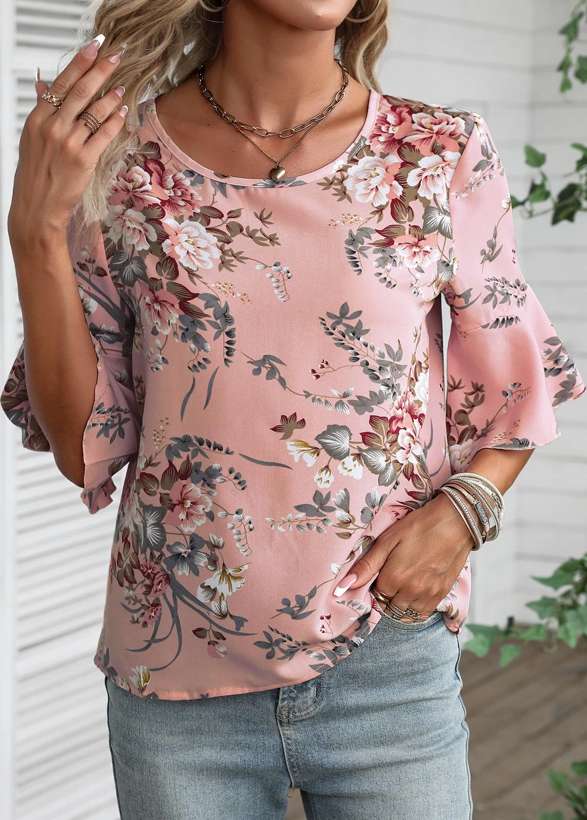 Dusty Pink Button Floral Print Blouse - Image 4