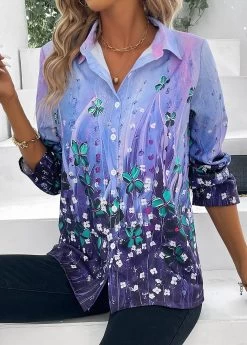 Purple Button Floral Print Long Sleeve Blouse