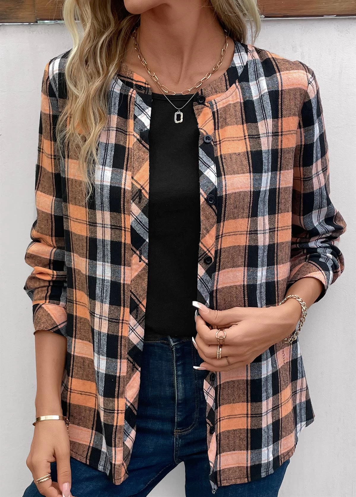 Orange Button Plaid Long Sleeve Round Neck Blouse