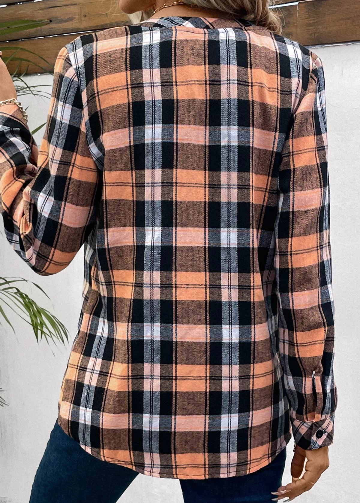 Orange Button Plaid Long Sleeve Round Neck Blouse - Image 2
