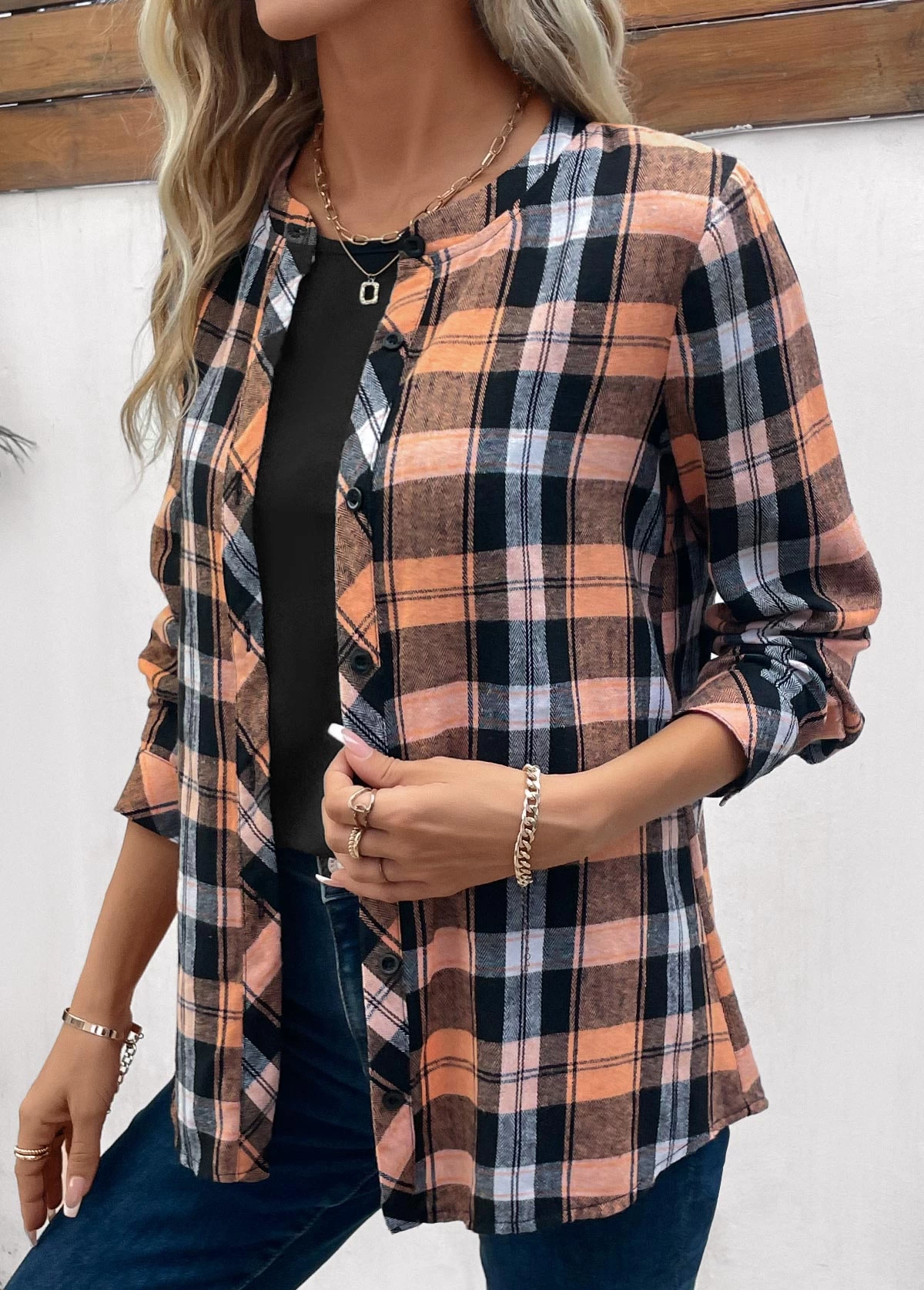 Orange Button Plaid Long Sleeve Round Neck Blouse - Image 3