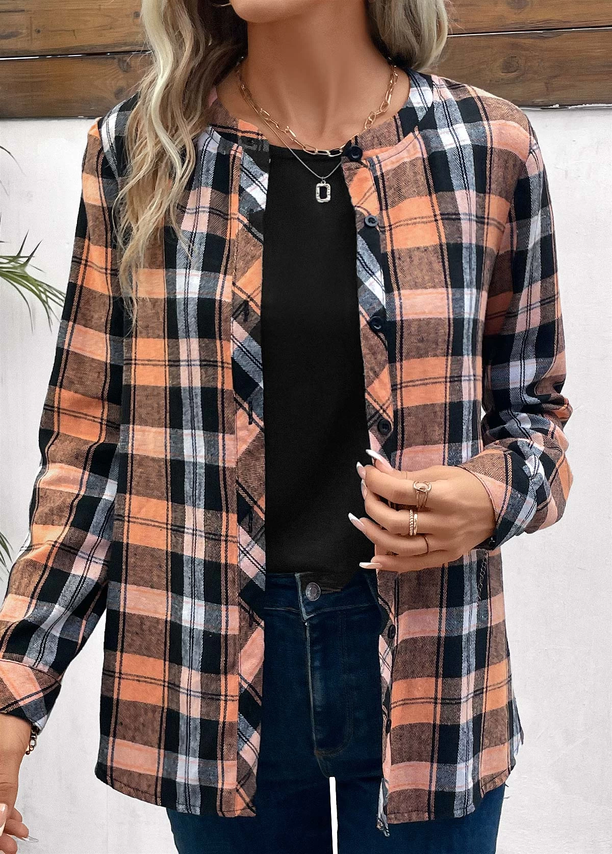 Orange Button Plaid Long Sleeve Round Neck Blouse - Image 5