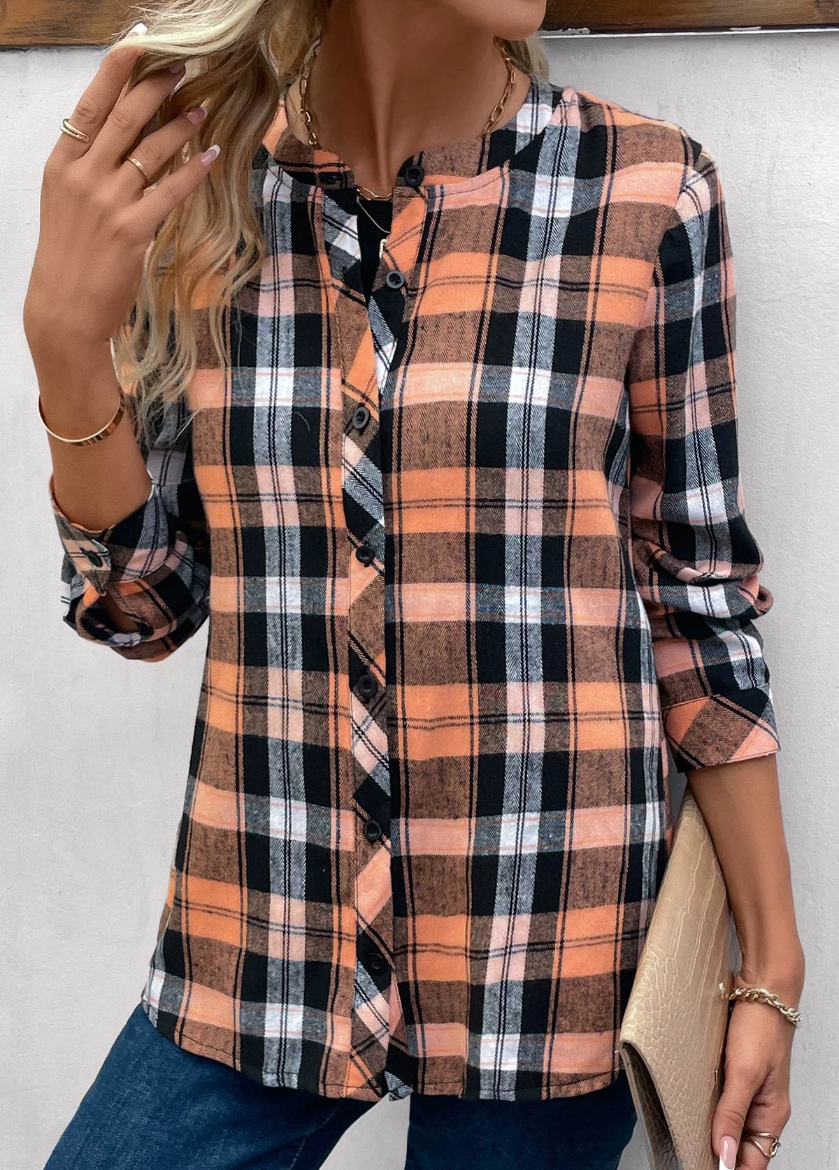 Orange Button Plaid Long Sleeve Round Neck Blouse - Image 4