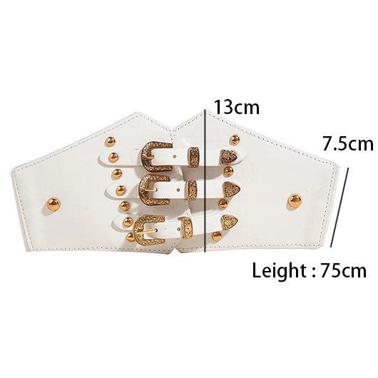 White Faux Leather Rivet Detail Elastic Belt - Image 2