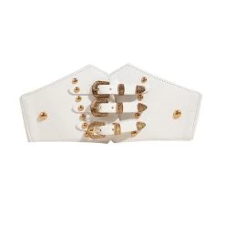 White Faux Leather Rivet Detail Elastic Belt