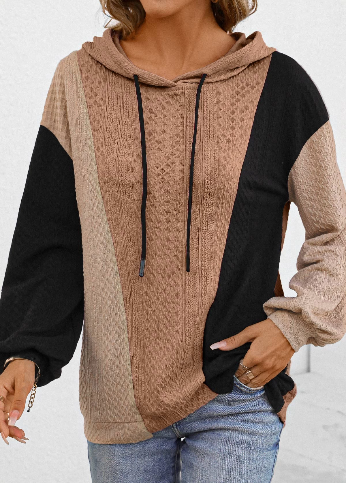 Light Coffee Patchwork Long Sleeve Hoodie - Image 3