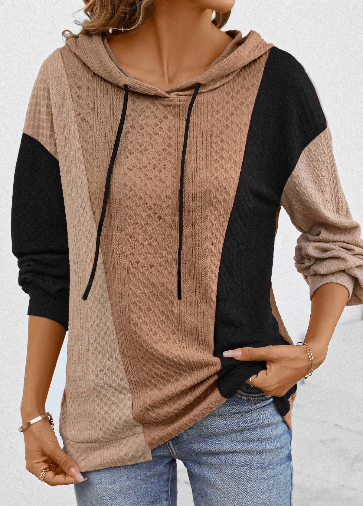 Light Coffee Patchwork Long Sleeve Hoodie - Image 4