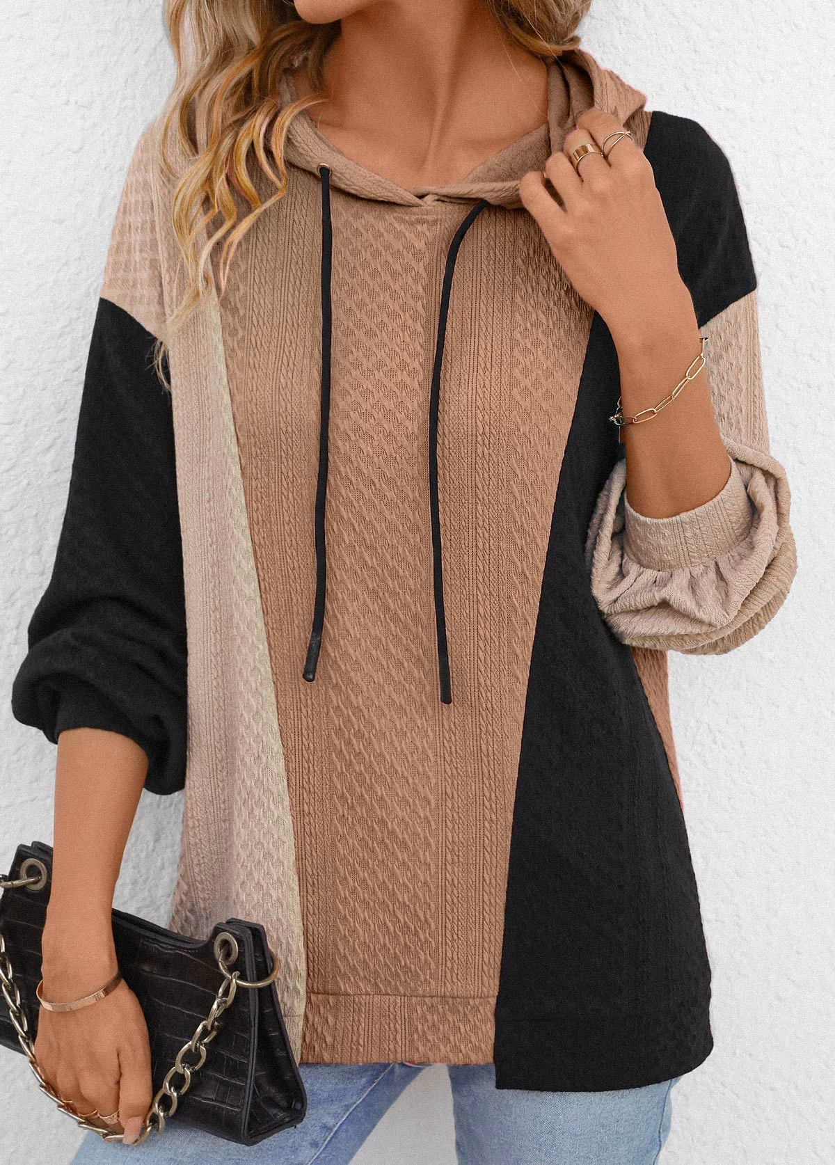 Light Coffee Patchwork Long Sleeve Hoodie