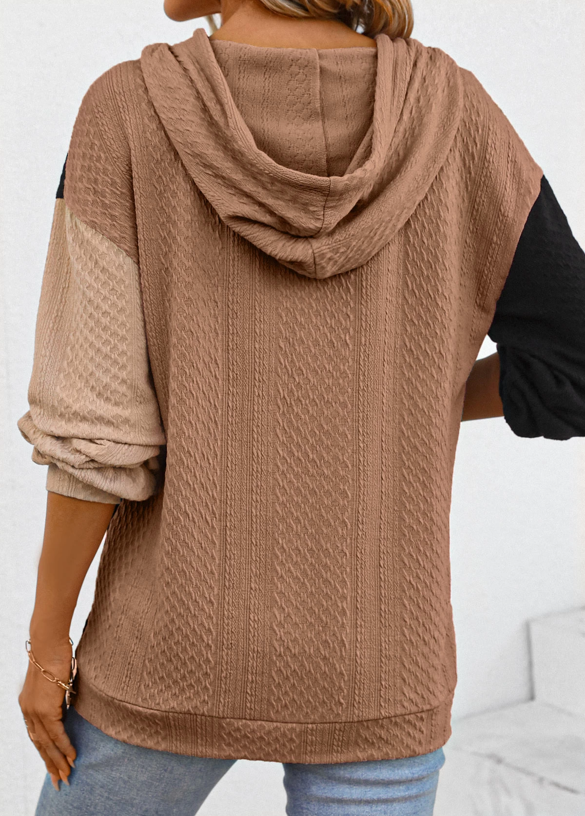 Light Coffee Patchwork Long Sleeve Hoodie - Image 2