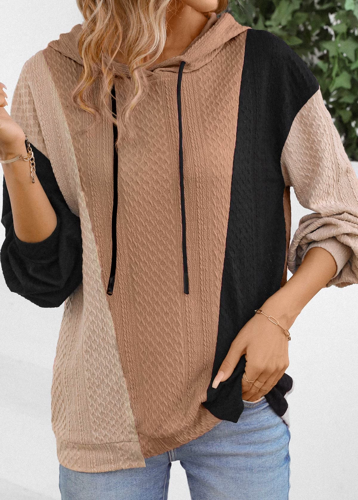 Light Coffee Patchwork Long Sleeve Hoodie - Image 5