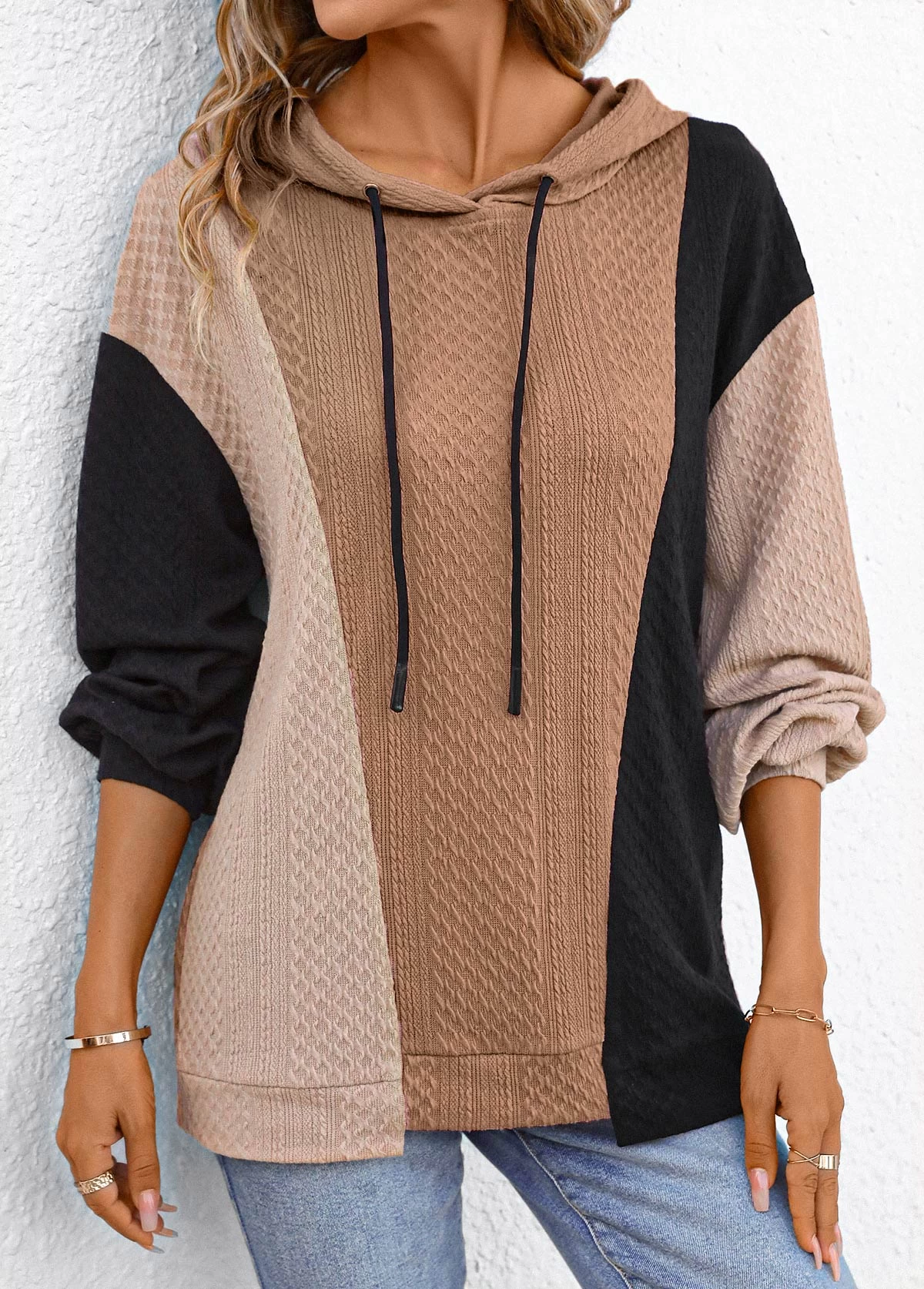 Light Coffee Patchwork Long Sleeve Hoodie - Image 6