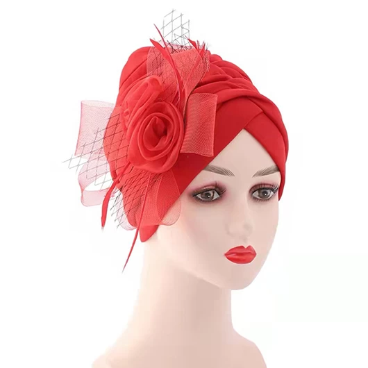 Cotton Detail Patchwork Red Turban Hat