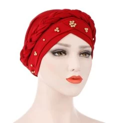 Pearl Polyester Detail Red Turban Hat