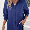 Navy Button Long Sleeve Shirt Collar Blouse