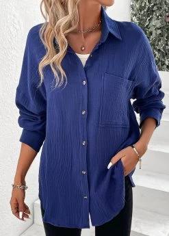 Navy Button Long Sleeve Shirt Collar Blouse
