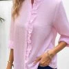Pink Frill Long Sleeve Stand Collar Blouse
