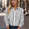 White Pocket Striped Long Sleeve Shirt Collar Blouse