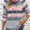 Multi Color Drawstring Striped Long Sleeve Cowl Neck Sweatshirt