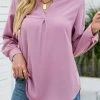 Pink Button Split Long Sleeve Blouse