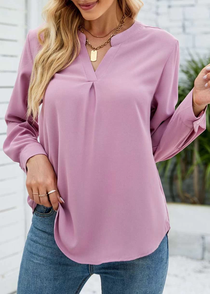 Pink Button Split Long Sleeve Blouse