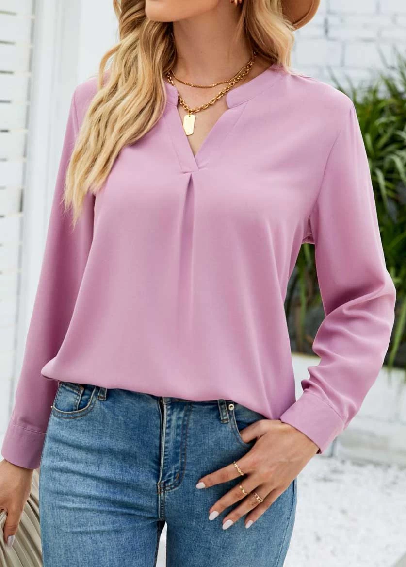 Pink Button Split Long Sleeve Blouse - Image 4