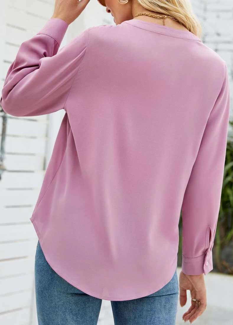 Pink Button Split Long Sleeve Blouse - Image 2
