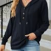 Navy Button Long Sleeve Drawstring Hoodie